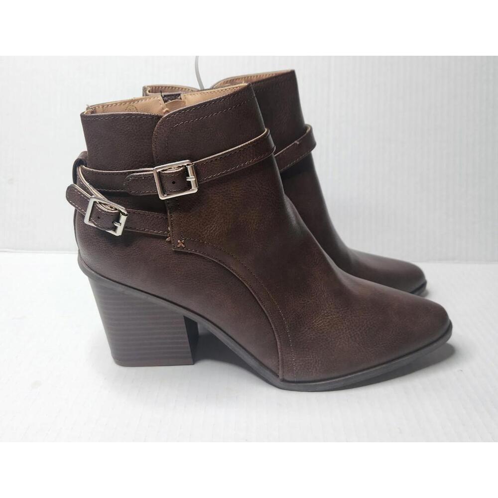 ZBY Boots Womens Size 9.5 Brown Block Heel Ankle Booties Buckle Strap Side Zip